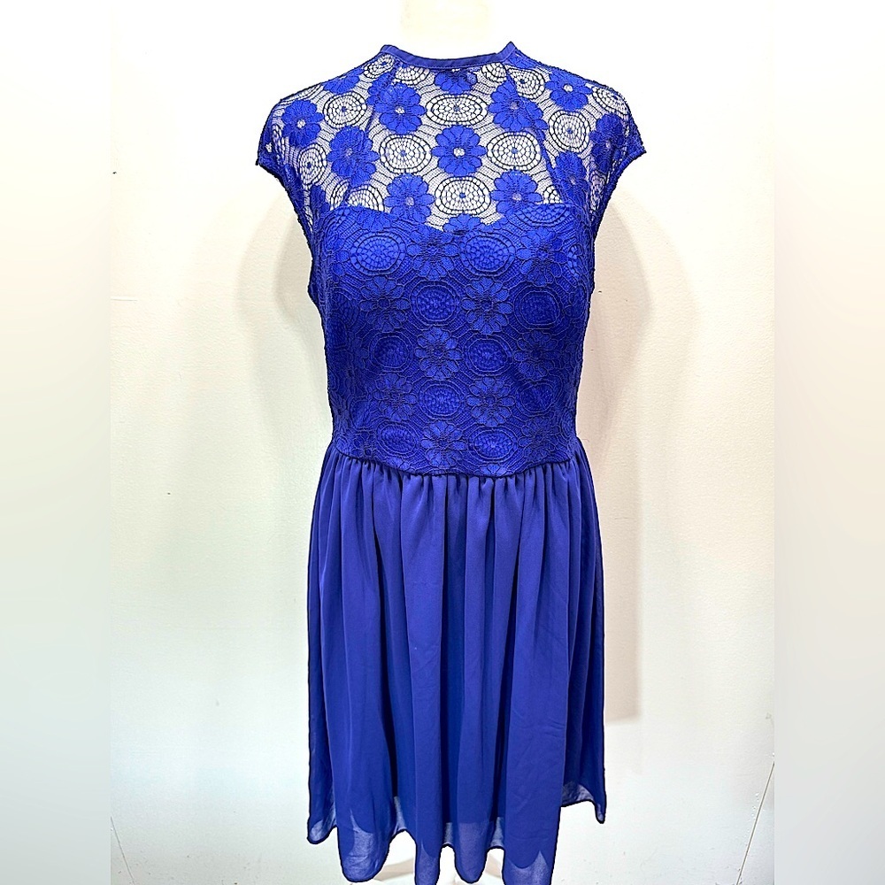 Royal Blue Dress Sheer Lace Yoke Sweetheart Neckline Sheer Overlay Made in USA